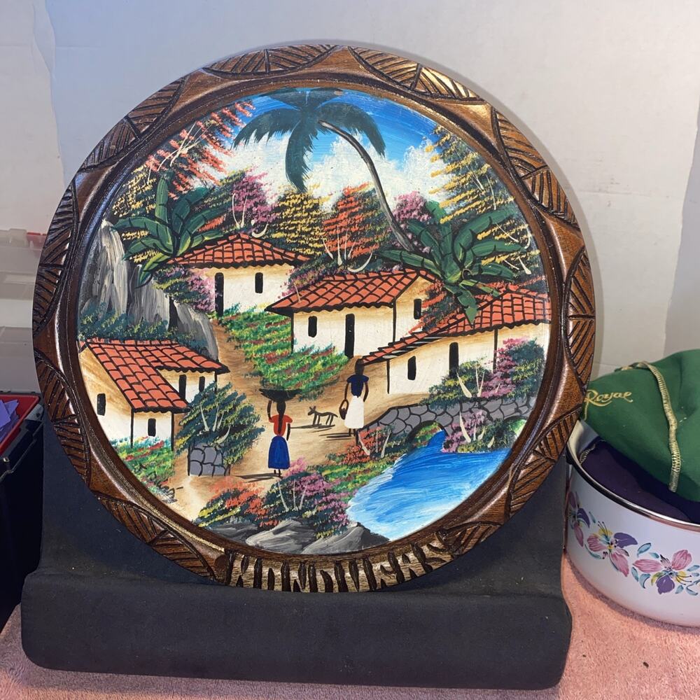 Vintage Signed Painting Wood Hand Carved Honduras Landscape/People/Village